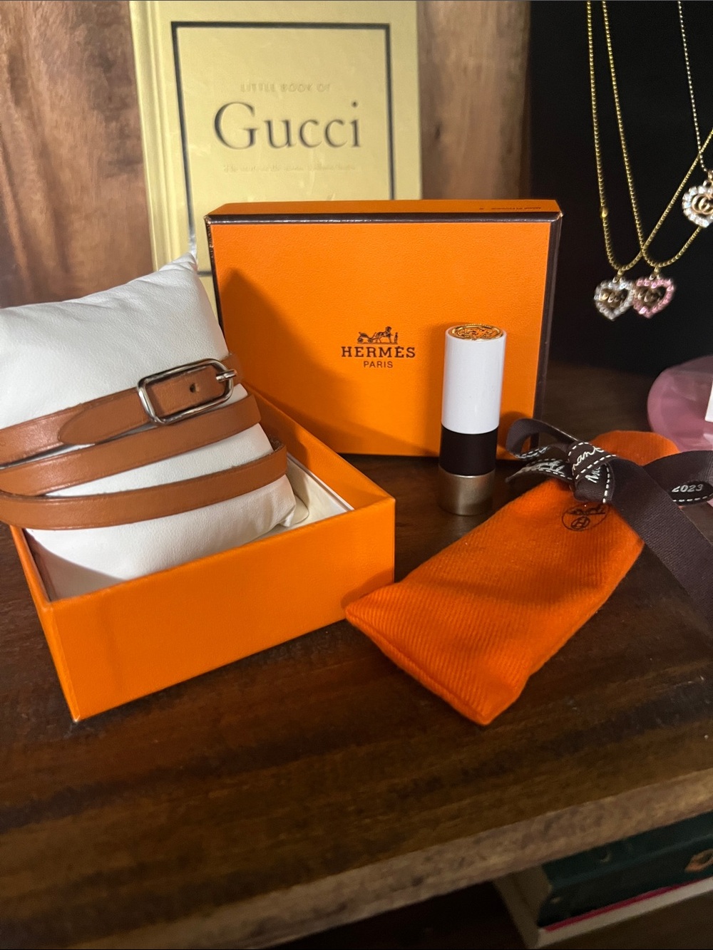 Hermes Bundle - Tan Leather Triple-Wrap Bracelet, Lipstick and Lipstick Sleeve
